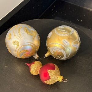 3 Christmas Sparkly Glittered Ornaments Red Gold Silver Farmhouse Traditional